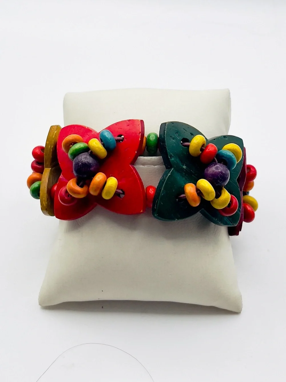 Chunky Boho Multicolor Wooden Flower Stretch Statement Bracelet